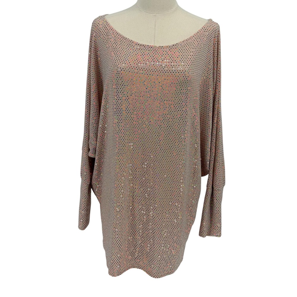 White Birch Batwing Top Tan Multi Color Glitter Dot Dolman XL